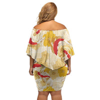 Beige Palaka Hawaii Aloha Family Matching Off Shoulder Short Dress and Hawaiian Shirt Koi Pond Mix Ilima Flowers - Polynesian Pride