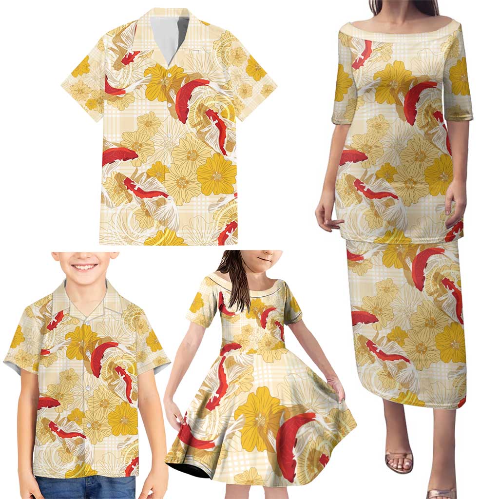 Beige Palaka Hawaii Aloha Family Matching Puletasi and Hawaiian Shirt Koi Pond Mix Ilima Flowers - Polynesian Pride