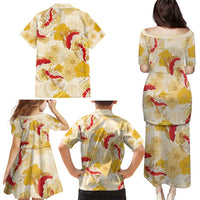 Beige Palaka Hawaii Aloha Family Matching Puletasi and Hawaiian Shirt Koi Pond Mix Ilima Flowers - Polynesian Pride