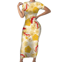 Beige Palaka Hawaii Aloha Family Matching Short Sleeve Bodycon Dress and Hawaiian Shirt Koi Pond Mix Ilima Flowers - Polynesian Pride