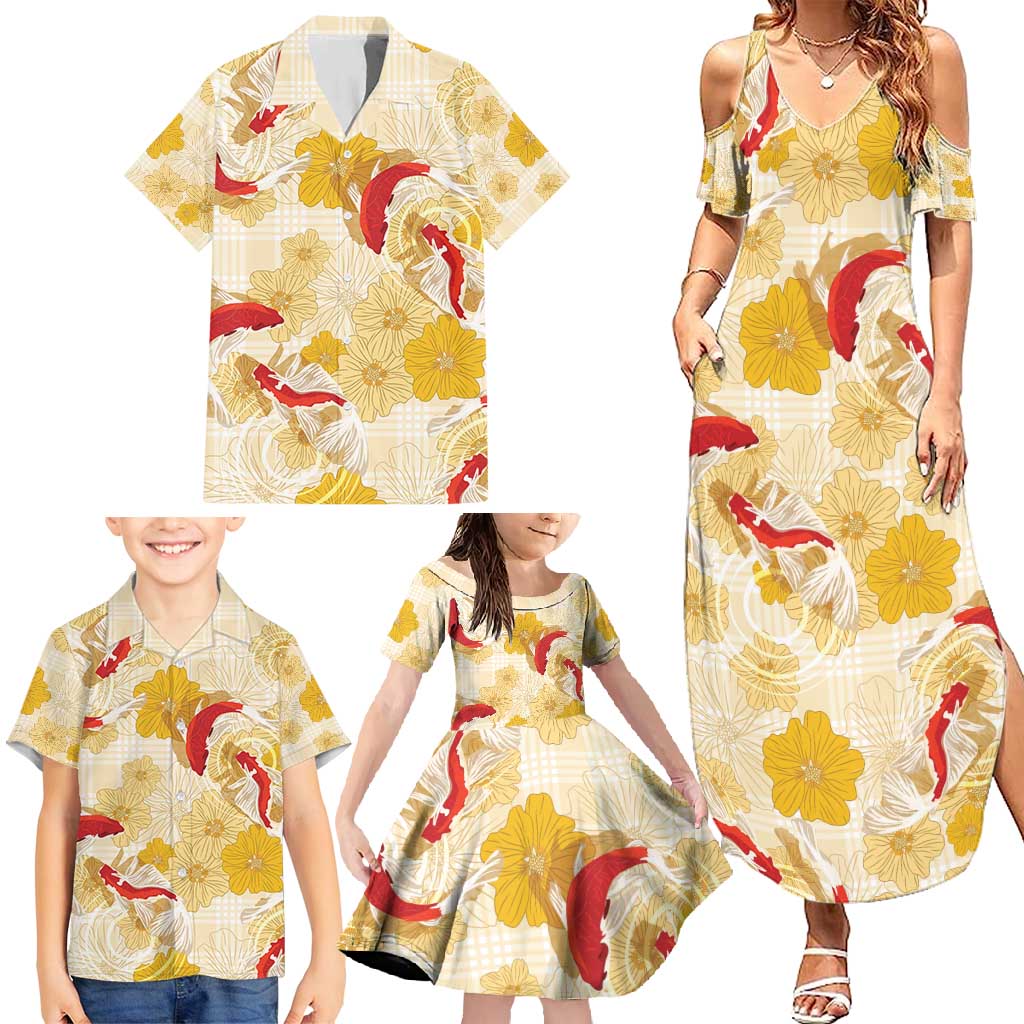 Beige Palaka Hawaii Aloha Family Matching Summer Maxi Dress and Hawaiian Shirt Koi Pond Mix Ilima Flowers - Polynesian Pride