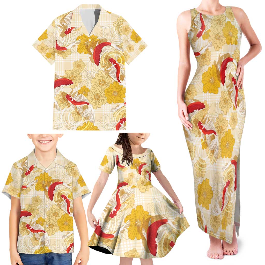 Beige Palaka Hawaii Aloha Family Matching Tank Maxi Dress and Hawaiian Shirt Koi Pond Mix Ilima Flowers - Polynesian Pride