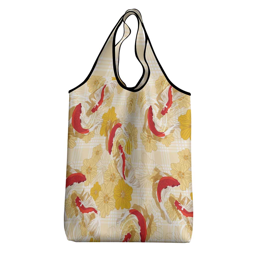 Beige Palaka Hawaii Aloha Grocery Bag Koi Pond Mix Ilima Flowers - Polynesian Pride