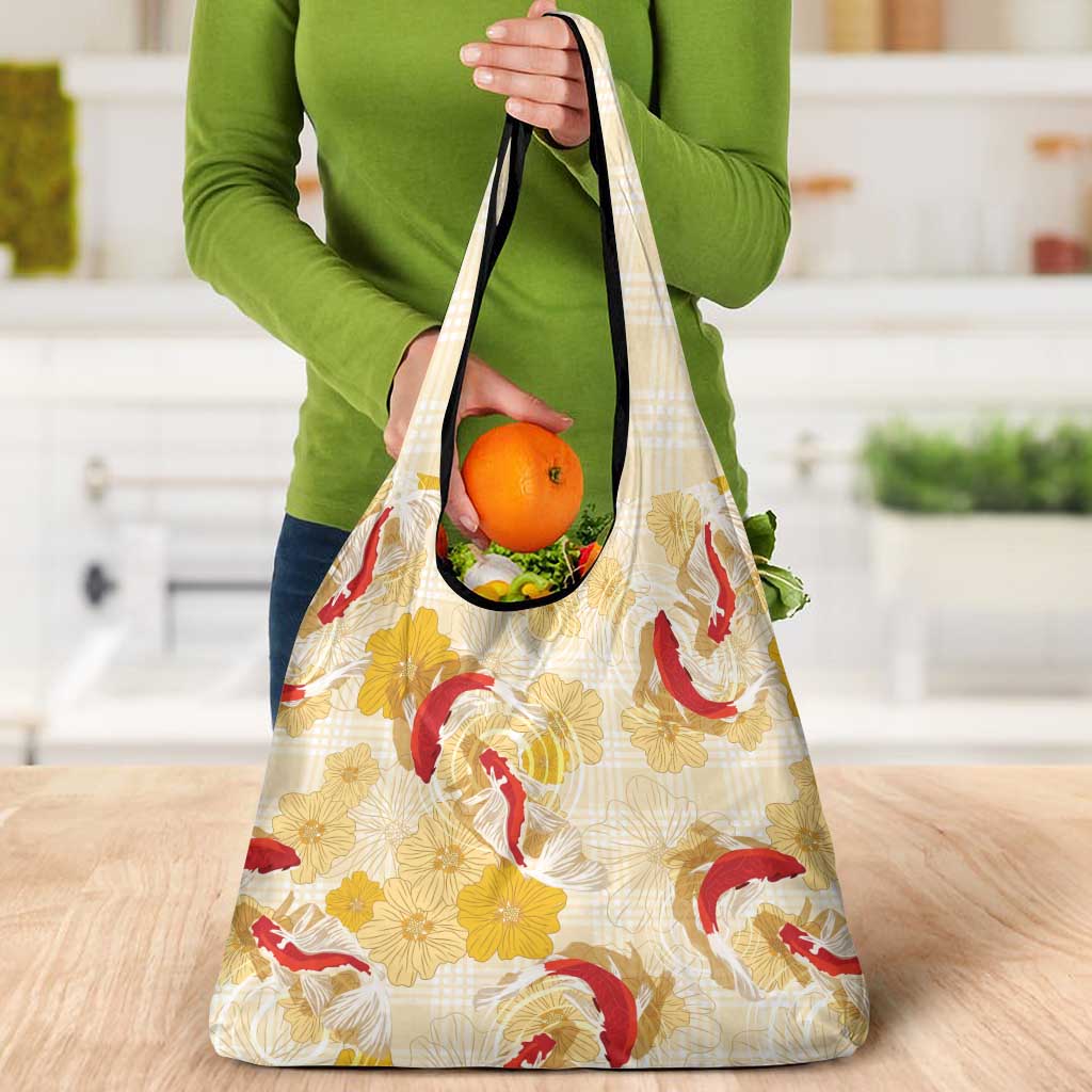 Beige Palaka Hawaii Aloha Grocery Bag Koi Pond Mix Ilima Flowers - Polynesian Pride