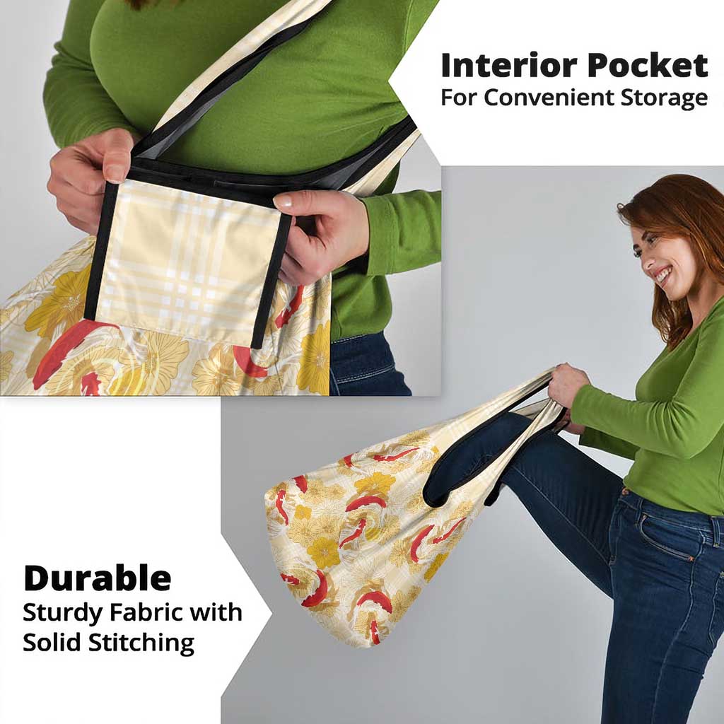 Beige Palaka Hawaii Aloha Grocery Bag Koi Pond Mix Ilima Flowers - Polynesian Pride