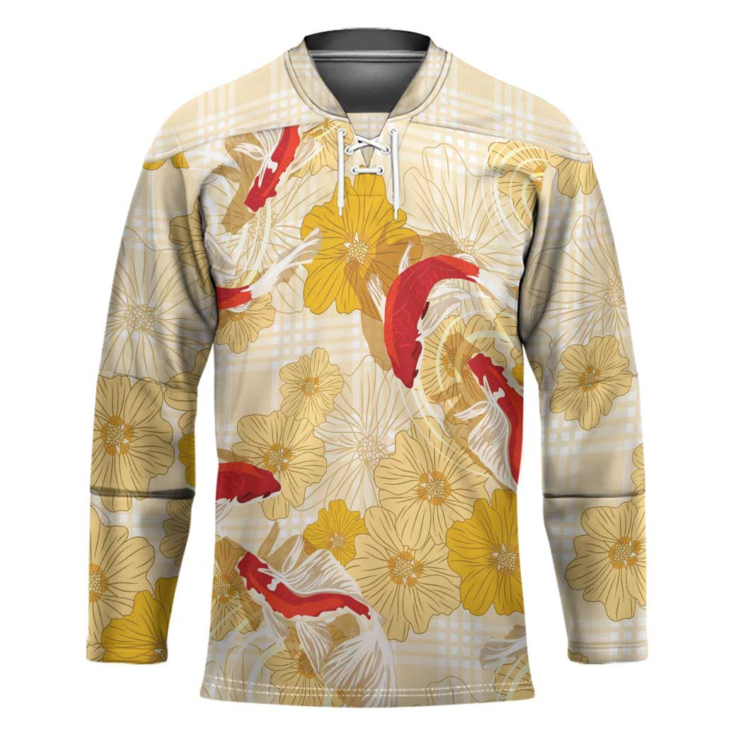 Beige Palaka Hawaii Aloha Hockey Jersey Koi Pond Mix Ilima Flowers - Polynesian Pride