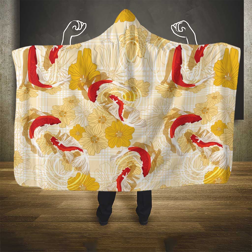 Beige Palaka Hawaii Aloha Hooded Blanket Koi Pond Mix Ilima Flowers - Polynesian Pride