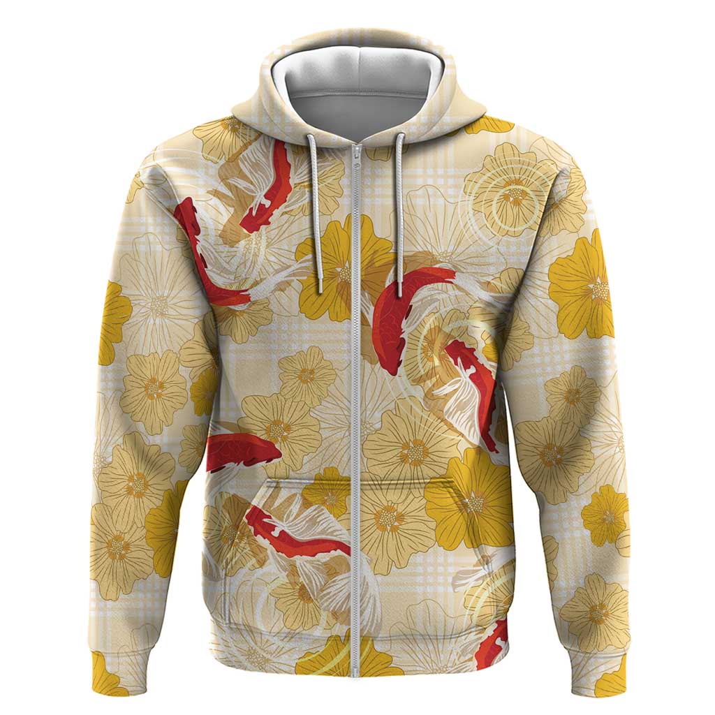 Beige Palaka Hawaii Aloha Hoodie Koi Pond Mix Ilima Flowers - Polynesian Pride