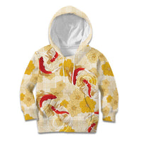 Beige Palaka Hawaii Aloha Kid Hoodie Koi Pond Mix Ilima Flowers - Polynesian Pride