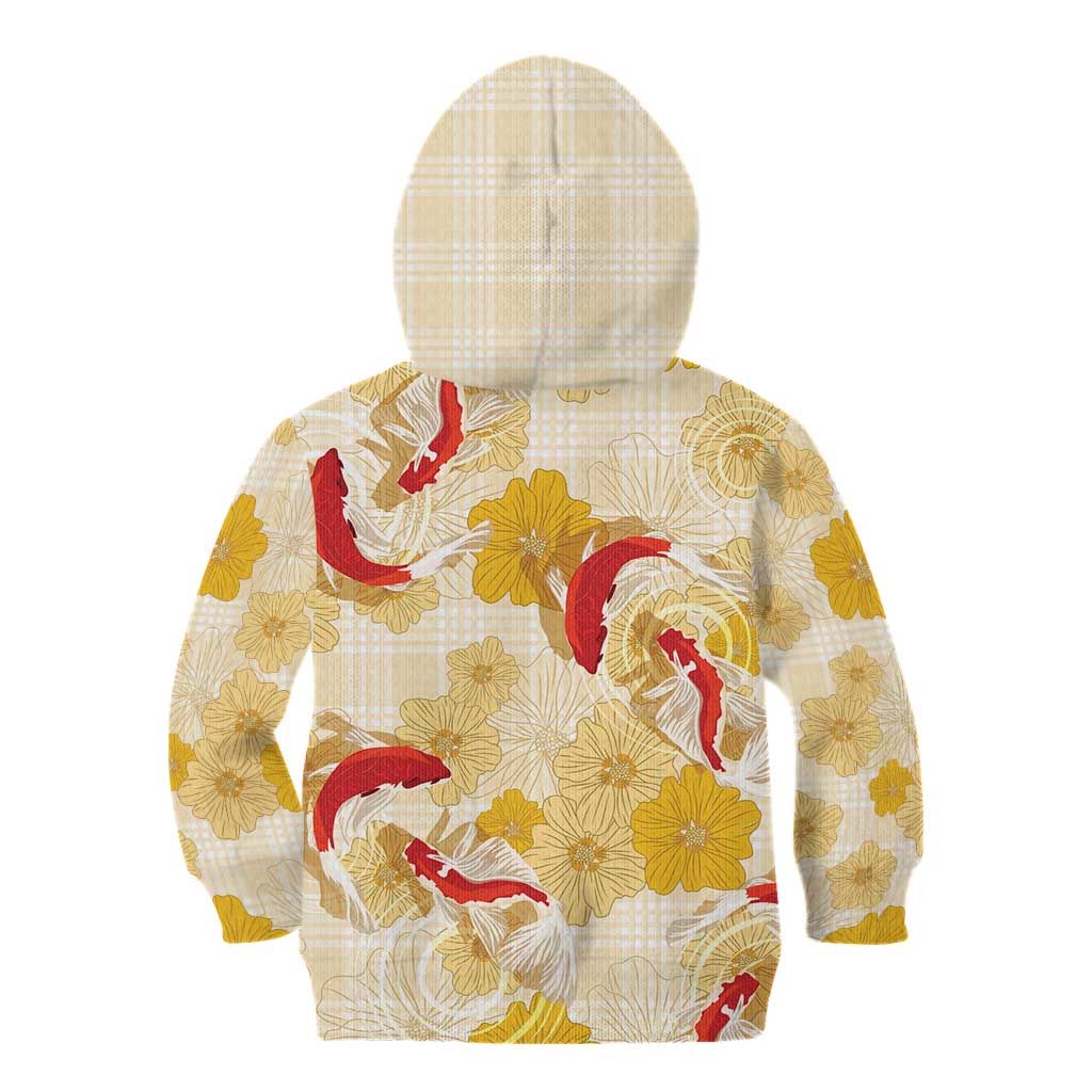 Beige Palaka Hawaii Aloha Kid Hoodie Koi Pond Mix Ilima Flowers - Polynesian Pride