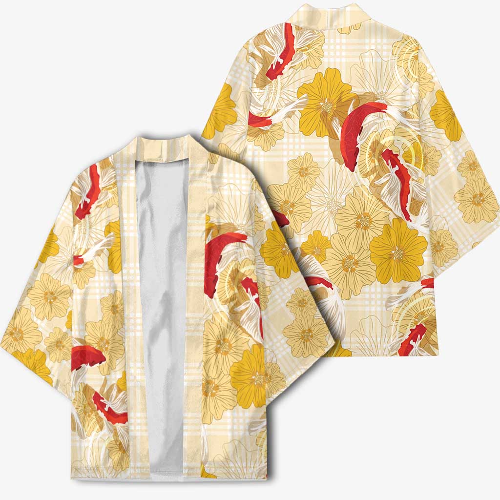 Beige Palaka Hawaii Aloha Kimono Koi Pond Mix Ilima Flowers - Polynesian Pride