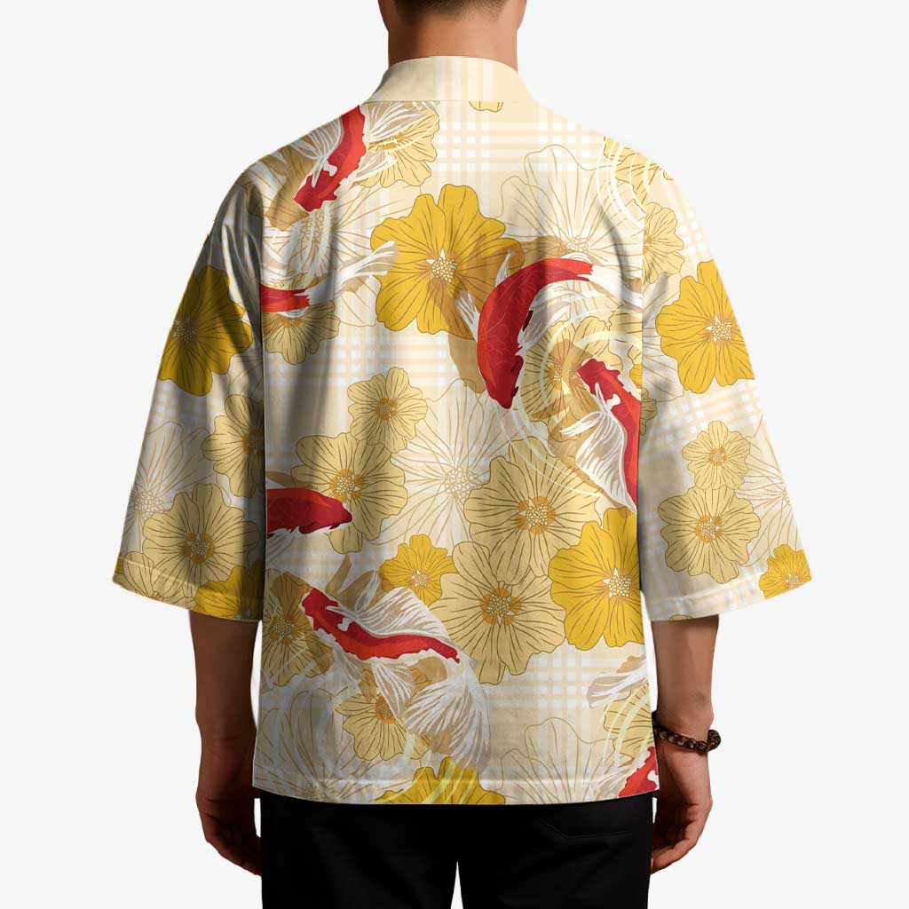 Beige Palaka Hawaii Aloha Kimono Koi Pond Mix Ilima Flowers - Polynesian Pride