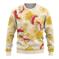 Beige Palaka Hawaii Aloha Ugly Christmas Sweater Koi Pond Mix Ilima Flowers - Polynesian Pride