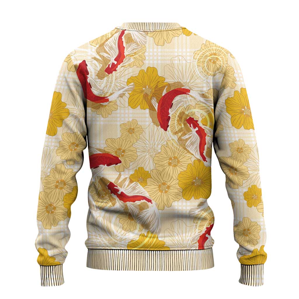 Beige Palaka Hawaii Aloha Ugly Christmas Sweater Koi Pond Mix Ilima Flowers - Polynesian Pride