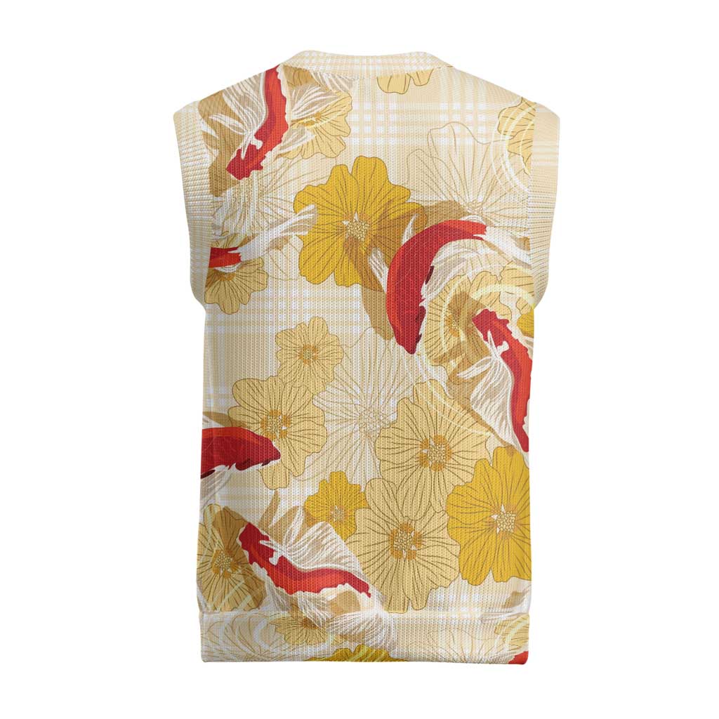 Beige Palaka Hawaii Aloha Christmas Knitted V-Neck Vest Koi Pond Mix Ilima Flowers - Polynesian Pride