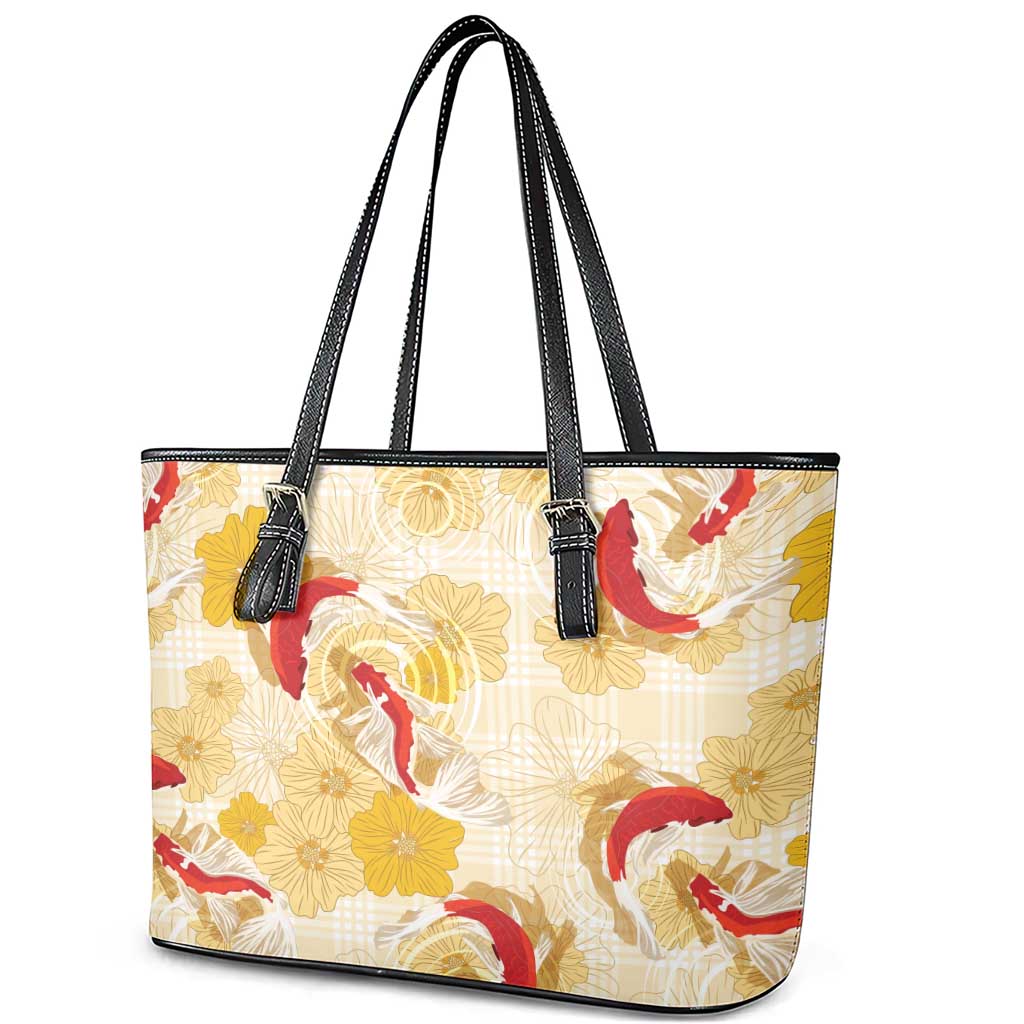 Beige Palaka Hawaii Aloha Leather Tote Bag Koi Pond Mix Ilima Flowers - Polynesian Pride