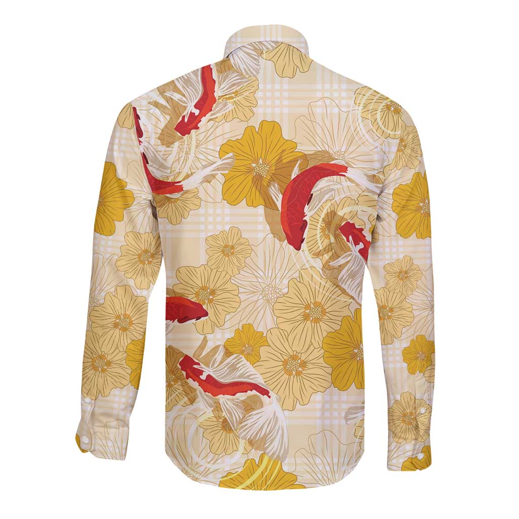 Beige Palaka Hawaii Aloha Long Sleeve Button Shirt Koi Pond Mix Ilima Flowers - Polynesian Pride