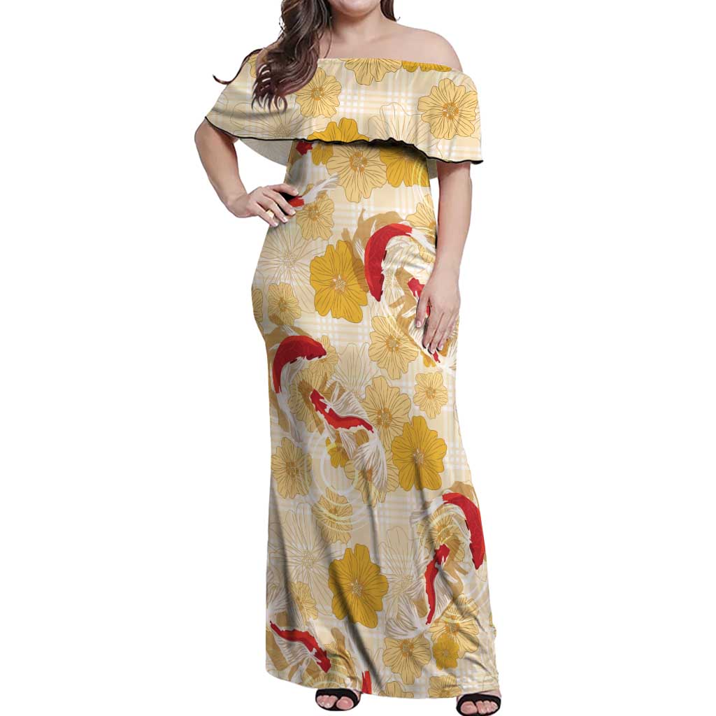 Beige Palaka Hawaii Aloha Off Shoulder Maxi Dress Koi Pond Mix Ilima Flowers - Polynesian Pride