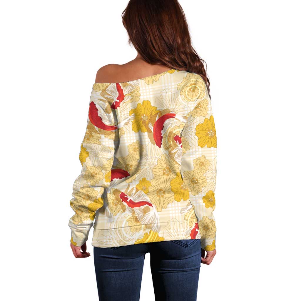 Beige Palaka Hawaii Aloha Off Shoulder Sweater Koi Pond Mix Ilima Flowers - Polynesian Pride