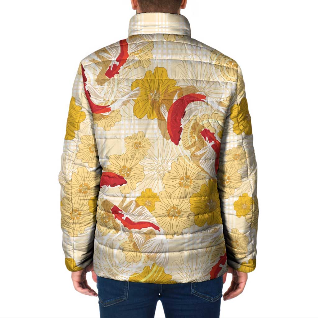 Beige Palaka Hawaii Aloha Padded Jacket Koi Pond Mix Ilima Flowers - Polynesian Pride