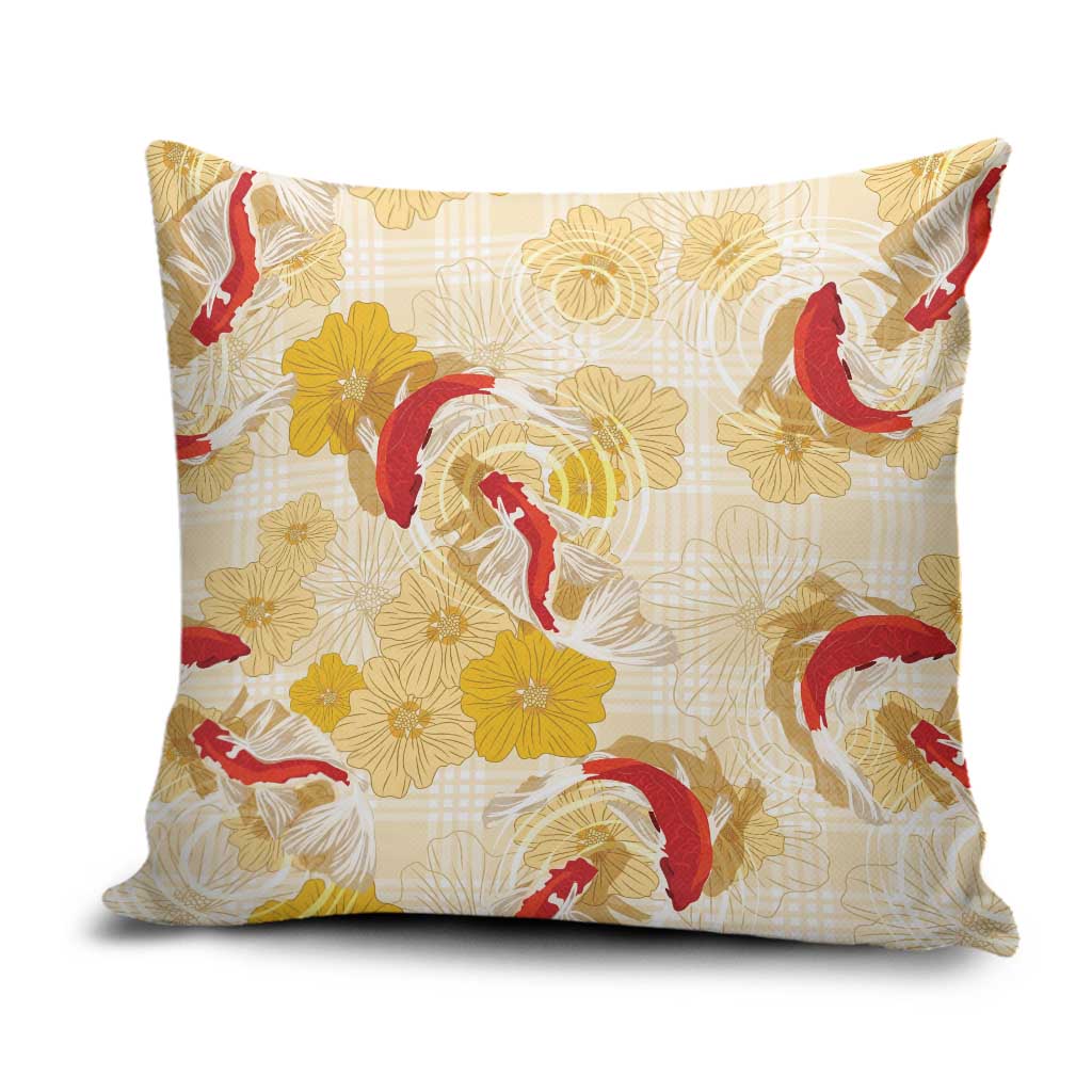 Beige Palaka Hawaii Aloha Pillow Cover Koi Pond Mix Ilima Flowers - Polynesian Pride