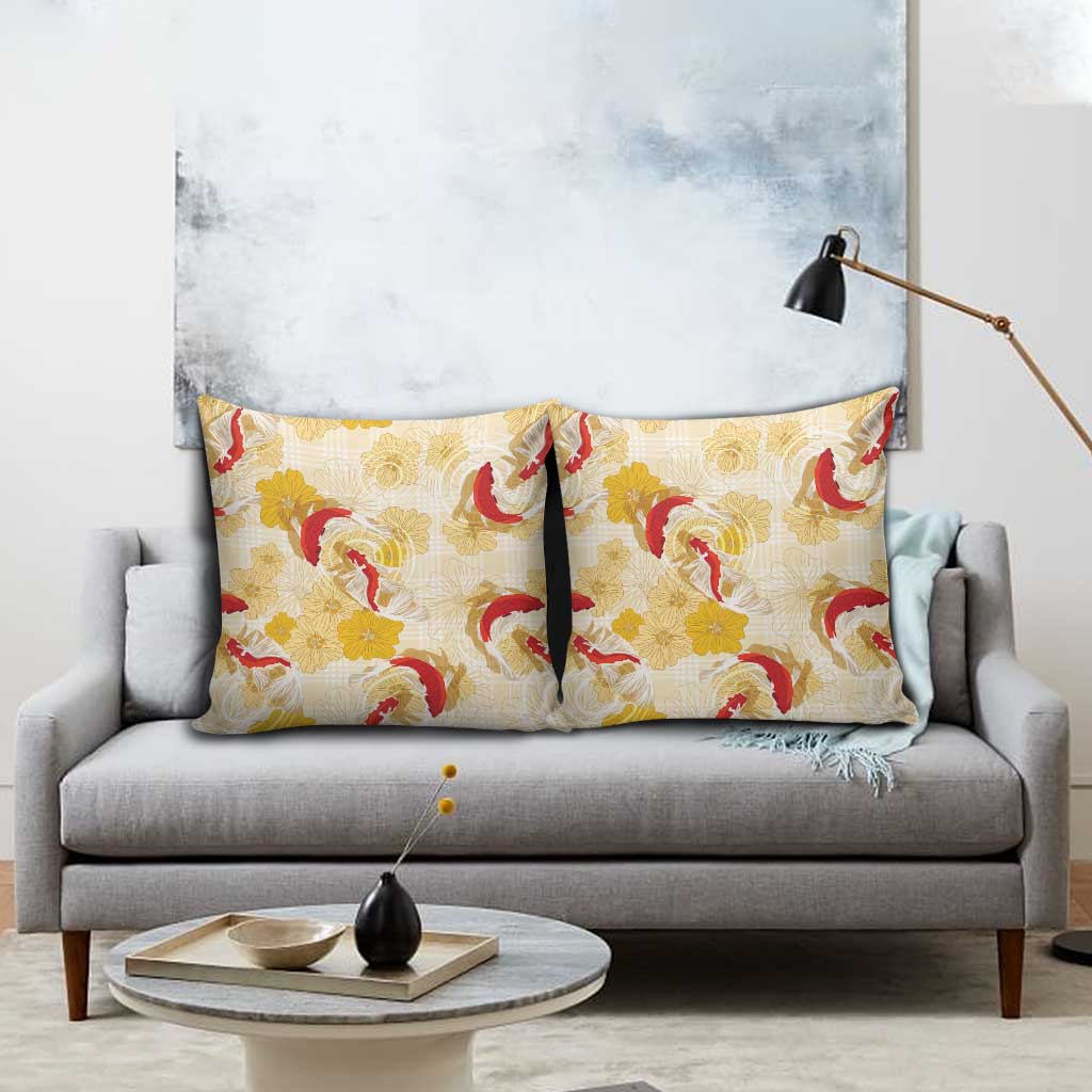 Beige Palaka Hawaii Aloha Pillow Cover Koi Pond Mix Ilima Flowers - Polynesian Pride