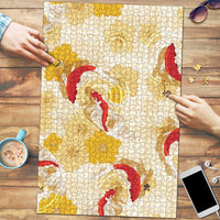 Beige Palaka Hawaii Aloha Puzzle Koi Pond Mix Ilima Flowers - Polynesian Pride