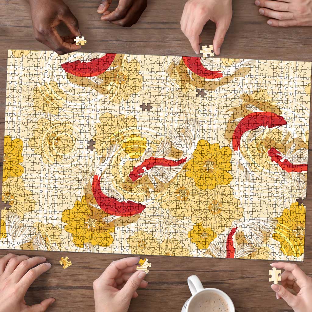 Beige Palaka Hawaii Aloha Puzzle Koi Pond Mix Ilima Flowers - Polynesian Pride