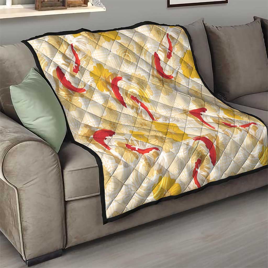 Beige Palaka Hawaii Aloha Quilt Koi Pond Mix Ilima Flowers - Polynesian Pride