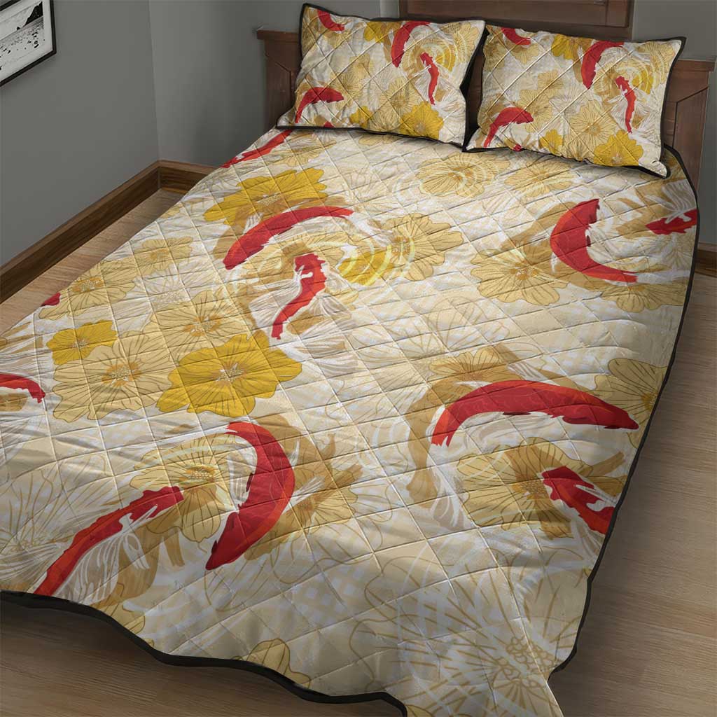 Beige Palaka Hawaii Aloha Quilt Bed Set Koi Pond Mix Ilima Flowers - Polynesian Pride