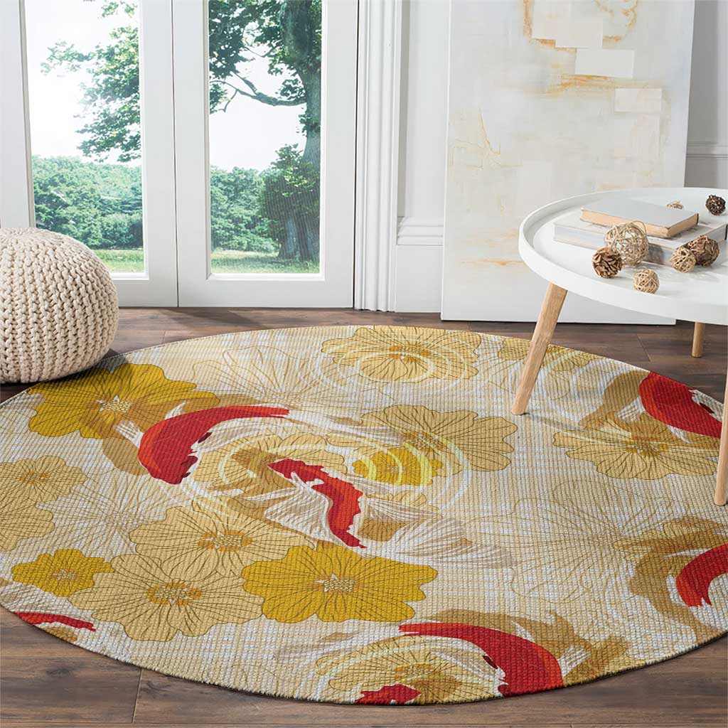 Beige Palaka Hawaii Aloha Round Carpet Koi Pond Mix Ilima Flowers - Polynesian Pride