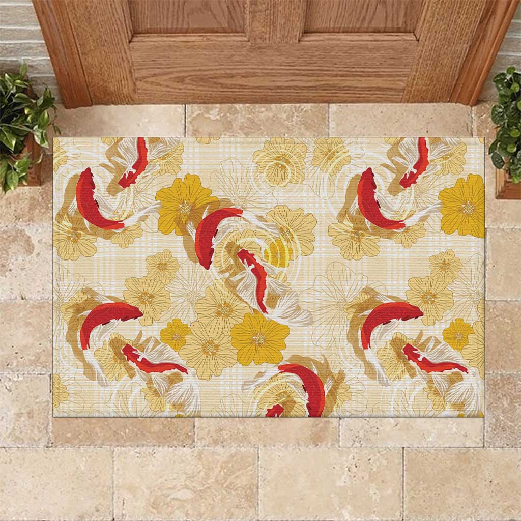 Beige Palaka Hawaii Aloha Rubber Doormat Koi Pond Mix Ilima Flowers - Polynesian Pride