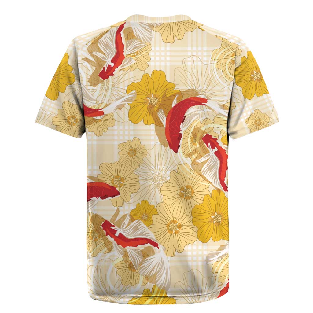 Beige Palaka Hawaii Aloha Rugby Jersey Koi Pond Mix Ilima Flowers - Polynesian Pride