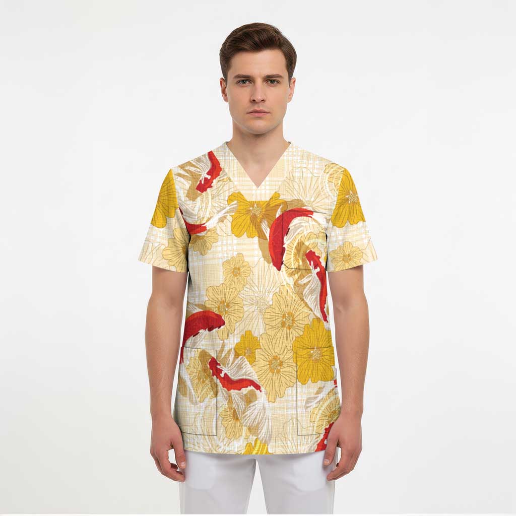 Beige Palaka Hawaii Aloha Scrub Top Koi Pond Mix Ilima Flowers - Polynesian Pride