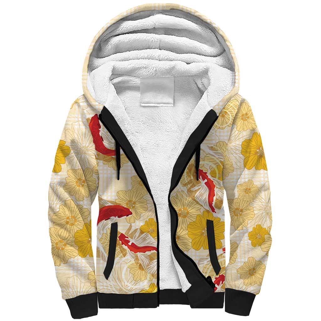 Beige Palaka Hawaii Aloha Sherpa Hoodie Koi Pond Mix Ilima Flowers - Polynesian Pride