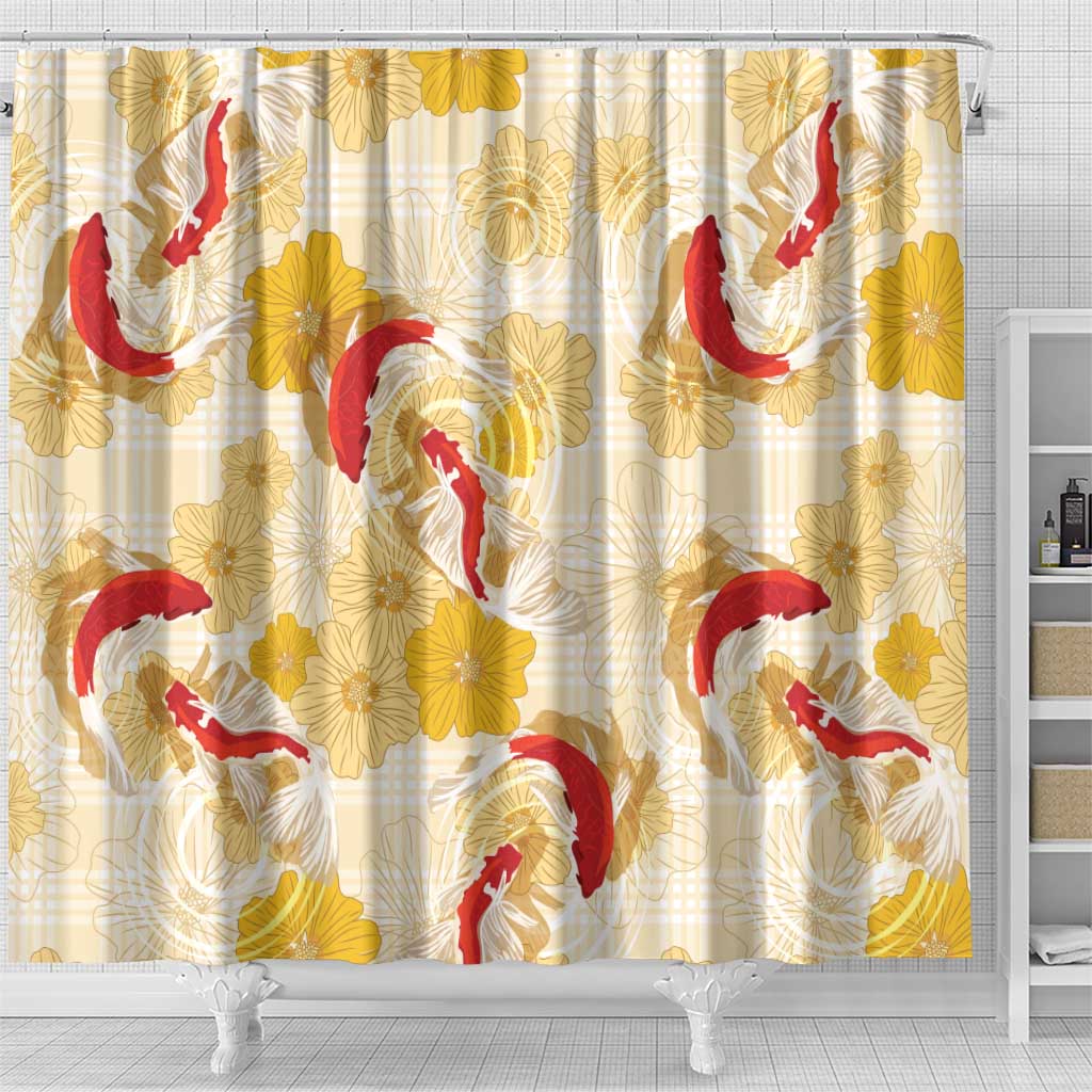 Beige Palaka Hawaii Aloha Shower Curtain Koi Pond Mix Ilima Flowers - Polynesian Pride