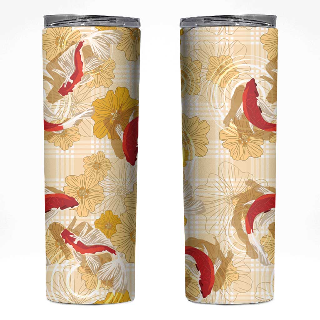 Beige Palaka Hawaii Aloha Skinny Tumbler Koi Pond Mix Ilima Flowers - Polynesian Pride