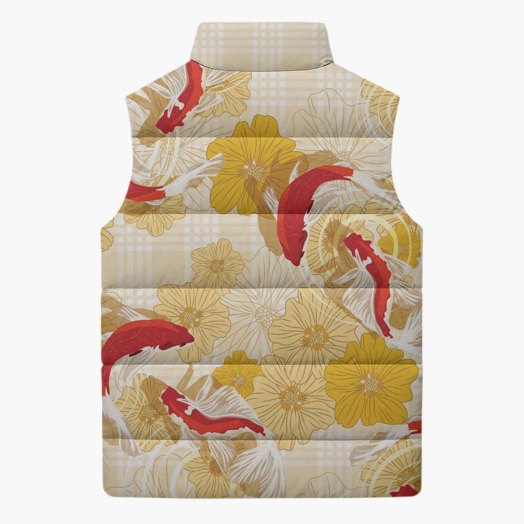 Beige Palaka Hawaii Aloha Sleeveless Puffer Jacket Koi Pond Mix Ilima Flowers - Polynesian Pride