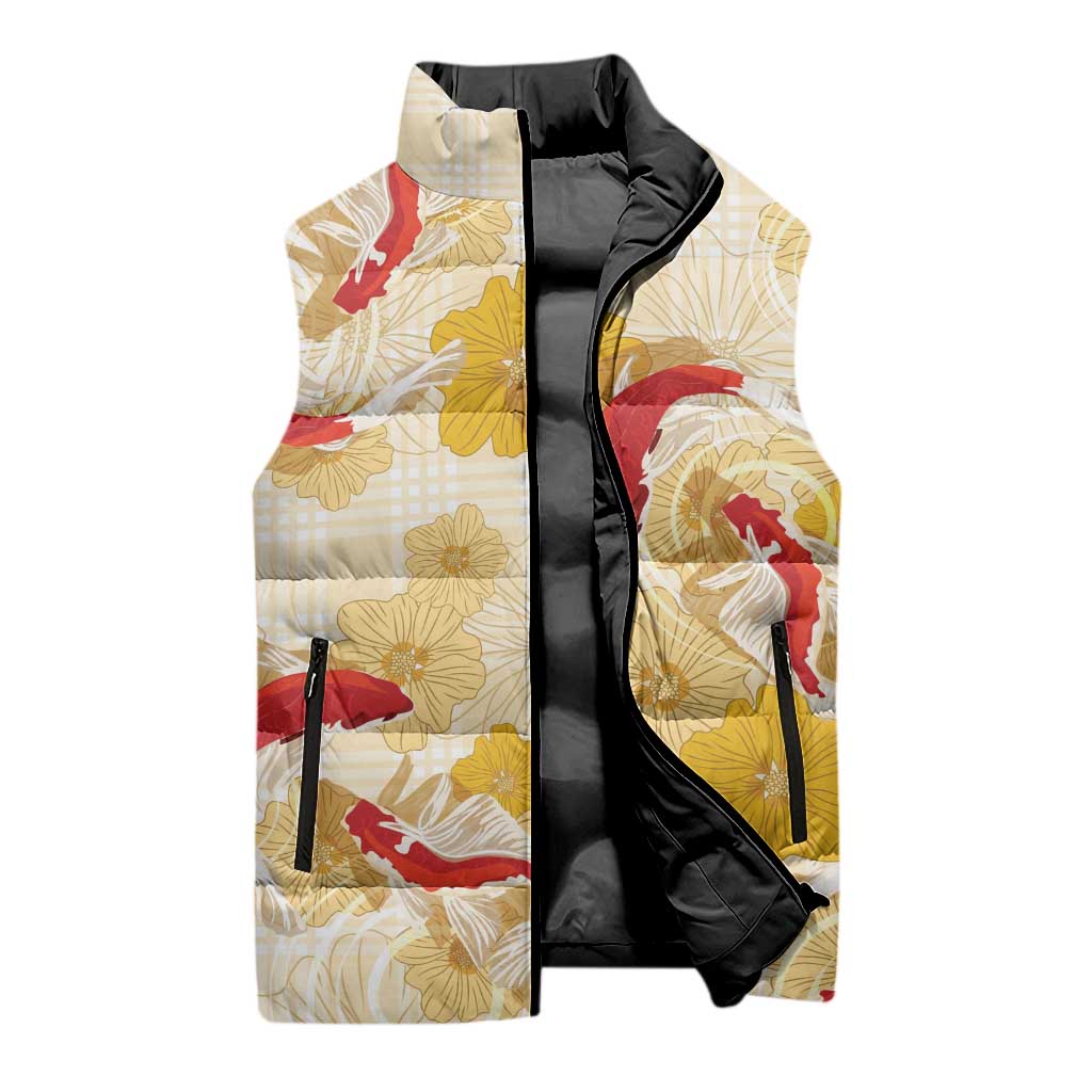 Beige Palaka Hawaii Aloha Sleeveless Puffer Jacket Koi Pond Mix Ilima Flowers - Polynesian Pride