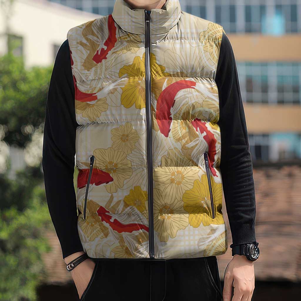 Beige Palaka Hawaii Aloha Sleeveless Puffer Jacket Koi Pond Mix Ilima Flowers - Polynesian Pride