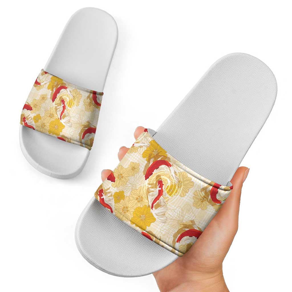 Beige Palaka Hawaii Aloha Slide Sandals Koi Pond Mix Ilima Flowers - Polynesian Pride
