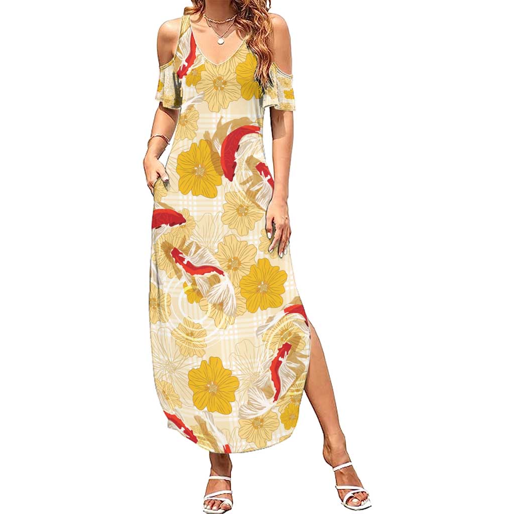 Beige Palaka Hawaii Aloha Summer Maxi Dress Koi Pond Mix Ilima Flowers - Polynesian Pride