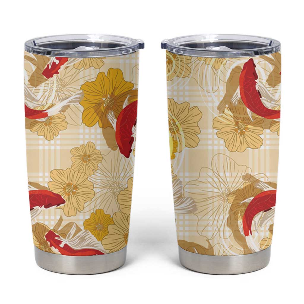 Beige Palaka Hawaii Aloha Tumbler Cup Koi Pond Mix Ilima Flowers - Polynesian Pride