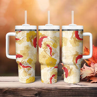 Beige Palaka Hawaii Aloha Tumbler With Handle Koi Pond Mix Ilima Flowers - Polynesian Pride