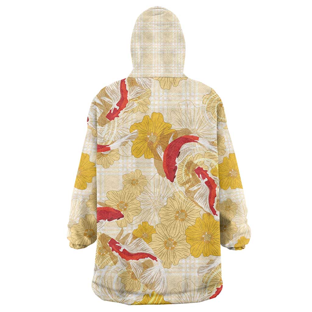 Beige Palaka Hawaii Aloha Wearable Blanket Hoodie Koi Pond Mix Ilima Flowers - Polynesian Pride