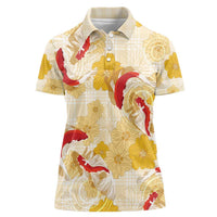Beige Palaka Hawaii Aloha Women Polo Shirt Koi Pond Mix Ilima Flowers - Polynesian Pride