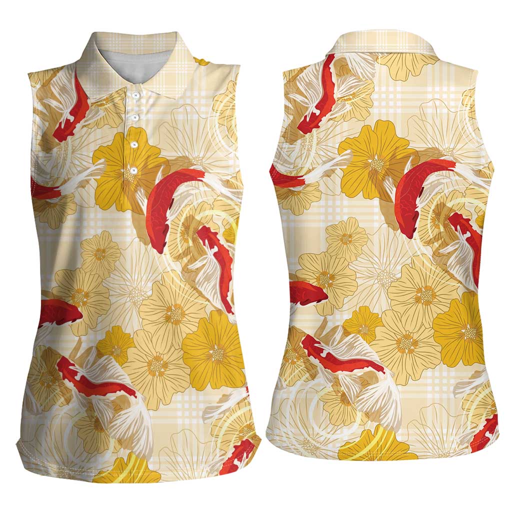 Beige Palaka Hawaii Aloha Women Sleeveless Polo Shirt Koi Pond Mix Ilima Flowers - Polynesian Pride