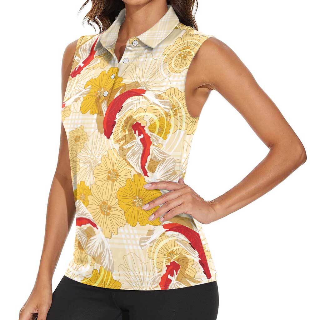 Beige Palaka Hawaii Aloha Women Sleeveless Polo Shirt Koi Pond Mix Ilima Flowers - Polynesian Pride