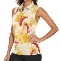 Beige Palaka Hawaii Aloha Women Sleeveless Polo Shirt Koi Pond Mix Ilima Flowers - Polynesian Pride