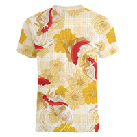 Beige Palaka Hawaii Aloha Women V-Neck T-Shirt Koi Pond Mix Ilima Flowers - Polynesian Pride